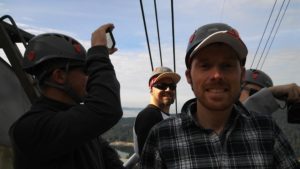 Riding on top of the gondola at Grouse Mountain